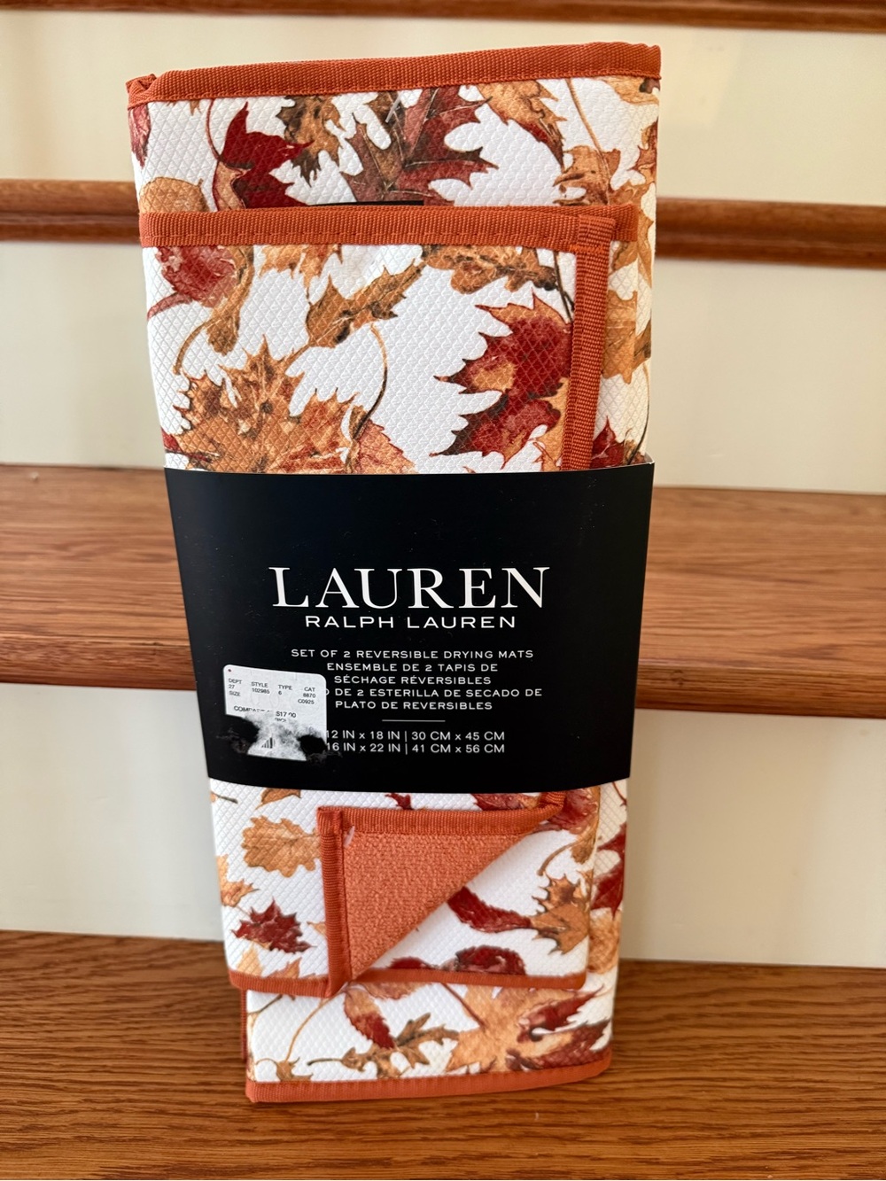 Lauren Ralph Lauren Fall Leaf Reversible Kitchen Drying Mats - White and Orange